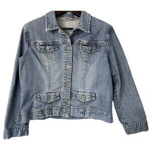 Chico's Platinum Light Blue Denim Button‎ Front Jacket Size Large
